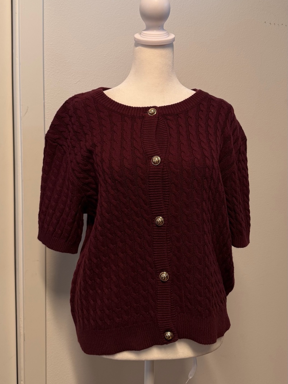 H&M Women’s Burgundy Cable Knit Short Sleeve Cardigan Sweater XXL NWT